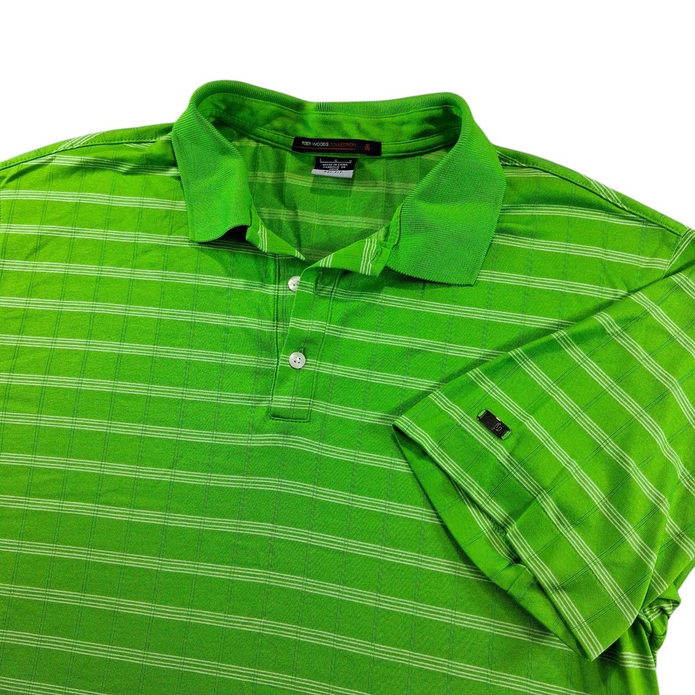 Nike Tiger Woods Men Polo Large Green Striped Dri-FIT Short Sleeve Golf Shirt